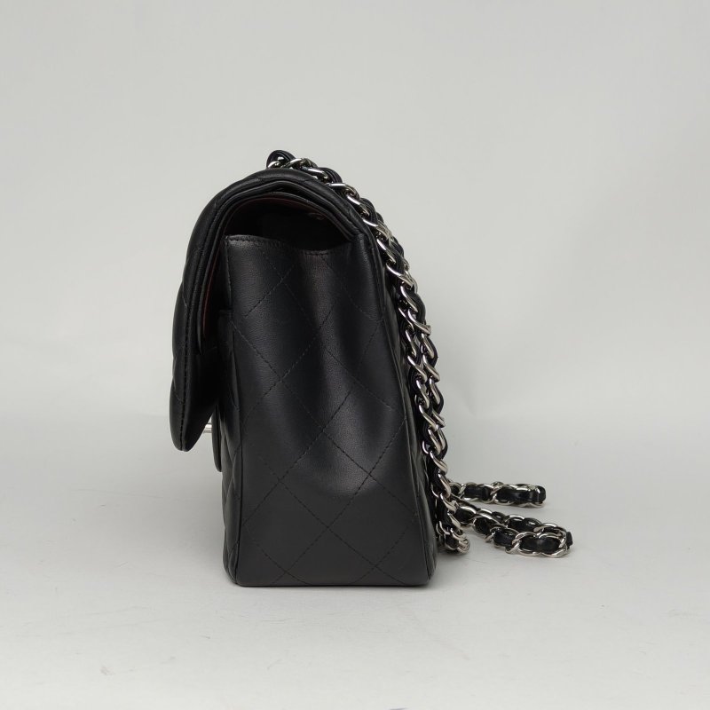 CHANEL CF口蓋包JUMBO30黑色羊皮18開銀扣肩背包-3