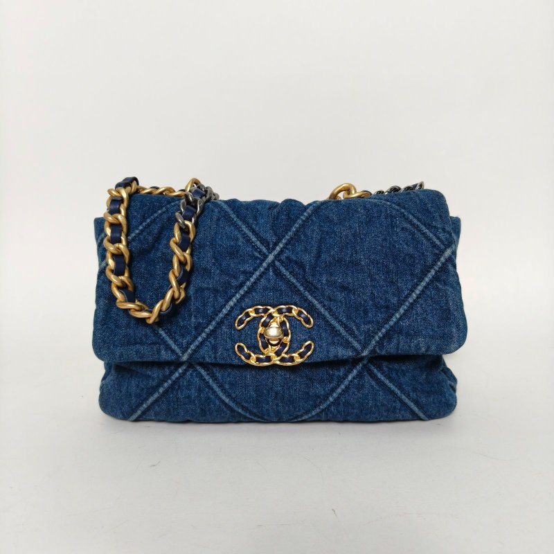 CHANEL 19BAG口蓋包小號26牛仔藍牛仔29開金銀扣肩背包-0