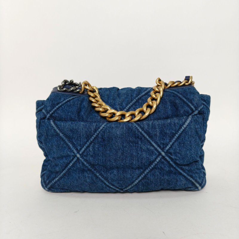 CHANEL 19BAG口蓋包小號26牛仔藍牛仔29開金銀扣肩背包-2