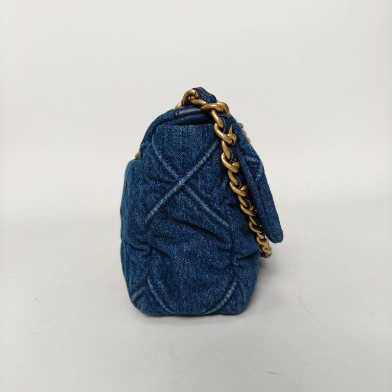 CHANEL 19BAG口蓋包小號26牛仔藍牛仔29開金銀扣肩背包-3