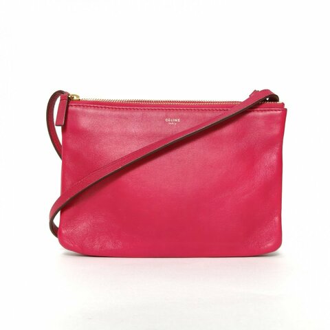 CELINE 玫紅羊皮三層斜挎包肩背包