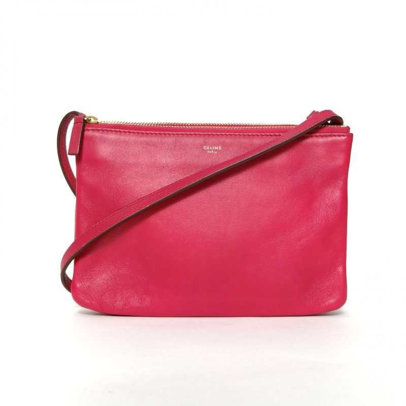 CELINE 玫紅羊皮三層斜挎包肩背包-0