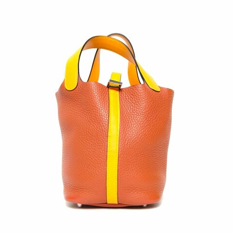 HERMES Picotin18菜籃子6C古銅色拼9V太陽黃TC皮/Swift皮X刻銀扣肩背包