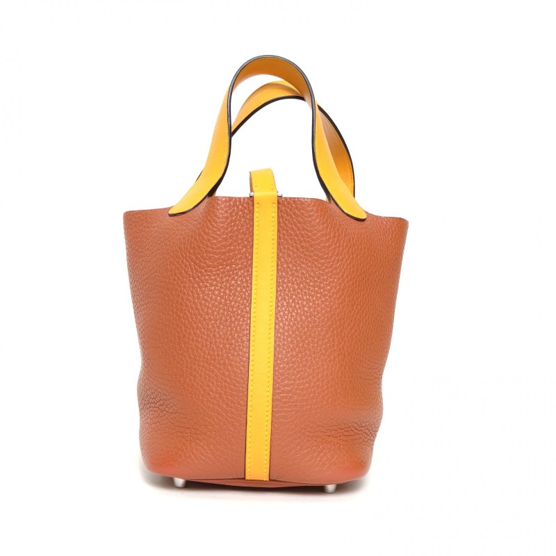 HERMES Picotin18菜籃子6C古銅色拼9V太陽黃TC皮/Swift皮X刻銀扣肩背包-2