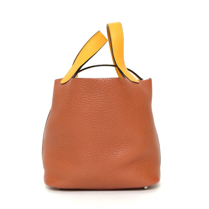 HERMES Picotin18菜籃子6C古銅色拼9V太陽黃TC皮/Swift皮X刻銀扣肩背包-3