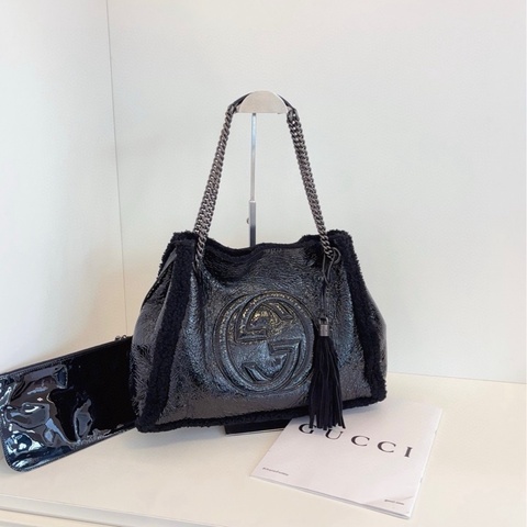 【99新閒置🆕】Gucci黑色soho流蘇子母tote托特包 soblack😎全黑GG油蠟皮+羊羔毛的碰撞
