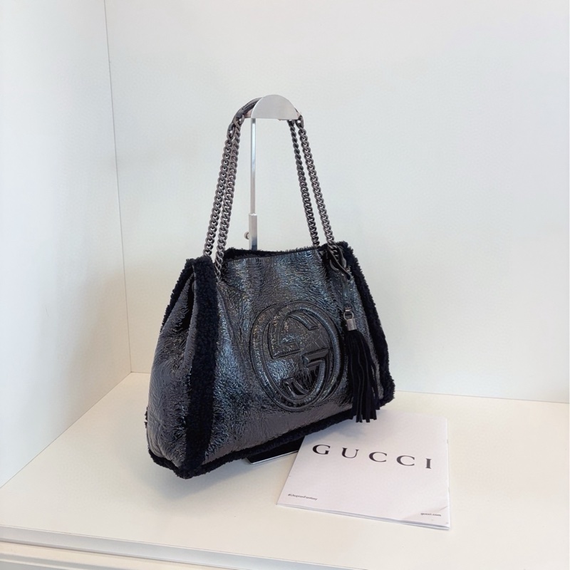 【99新閒置🆕】Gucci黑色soho流蘇子母tote托特包 soblack😎全黑GG油蠟皮+羊羔毛的碰撞-1