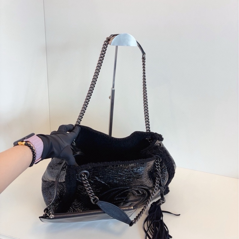 【99新閒置🆕】Gucci黑色soho流蘇子母tote托特包 soblack😎全黑GG油蠟皮+羊羔毛的碰撞-6