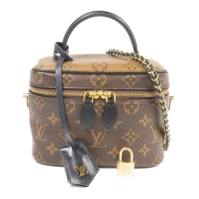 LOUIS VUITTON Monogram/Monogram Reverse Vanity PM金扣手挽肩背兩用袋棕色-15
