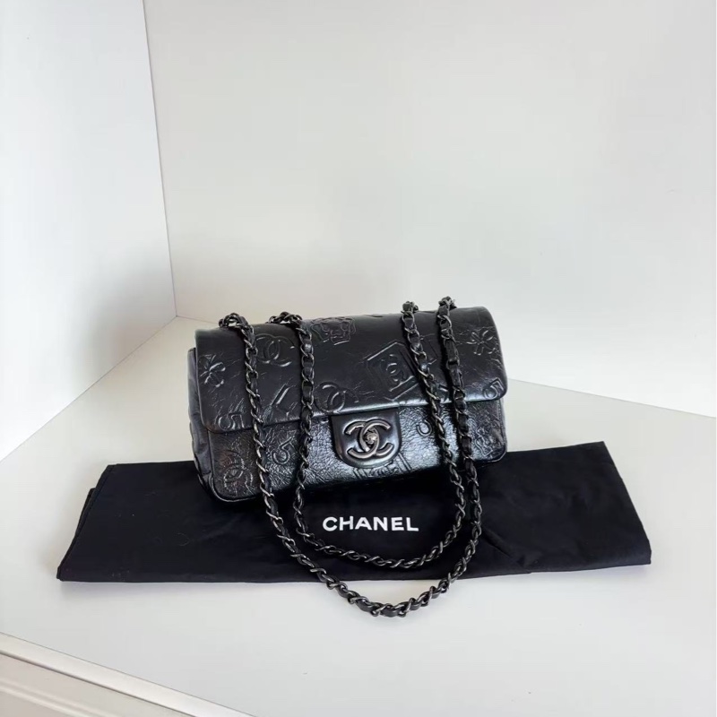 【99新🆕】Chanel CF 限量版香水瓶 浮雕logo 黑色油臘牛皮 so black 鏈條包 單肩包-0