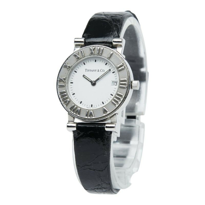 Tiffany & Co.) Atlas 錶帶(非原廠)石英錶,白色錶盤,不鏽鋼和皮革材質,女士款。-1