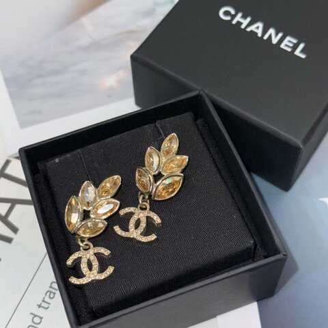 Chanel 22K 淡金色麥穗水鑽耳環