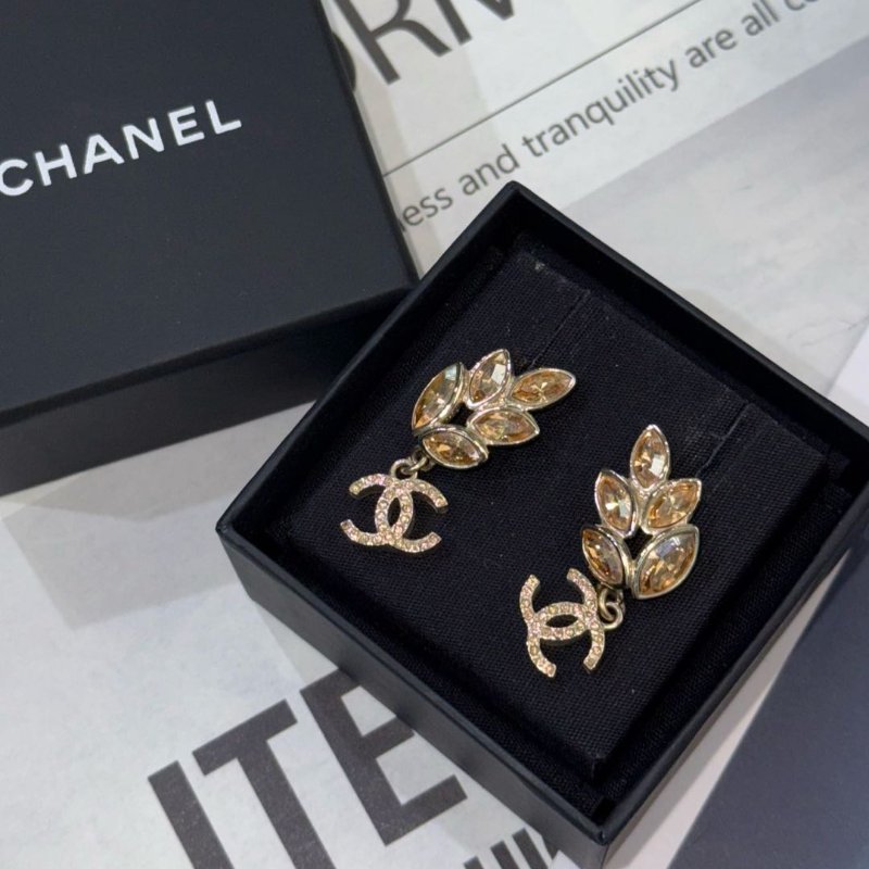 Chanel 22K 淡金色麥穗水鑽耳環-1