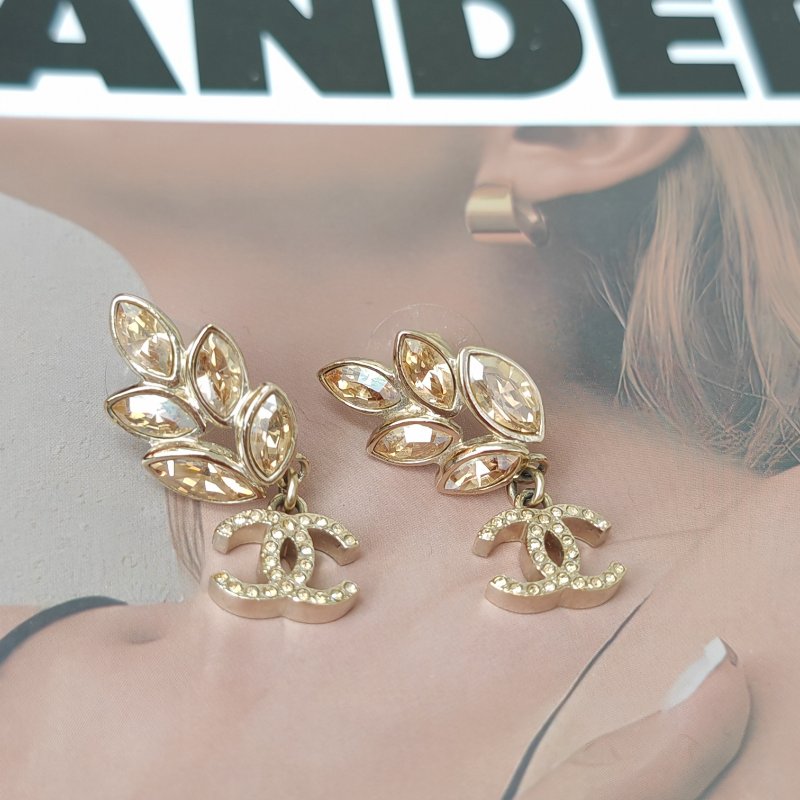 Chanel 22K 淡金色麥穗水鑽耳環-2