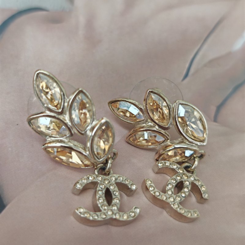 Chanel 22K 淡金色麥穗水鑽耳環-4