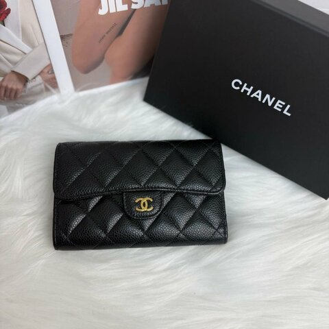 Chanel 黑金銀包 魚子醬皮 芯片款