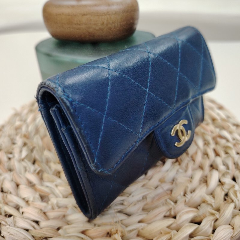Chanel 香奈兒 藍色銀扣 小羊皮 短款卡包 銀包 24開-3