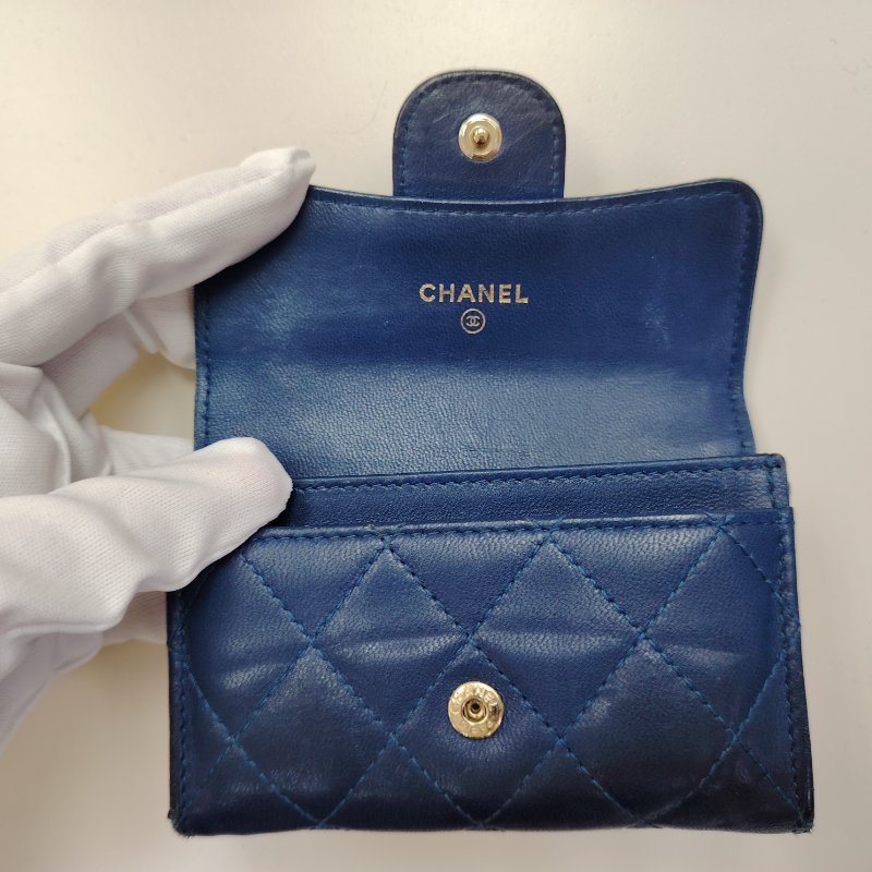 Chanel 香奈兒 藍色銀扣 小羊皮 短款卡包 銀包 24開-4