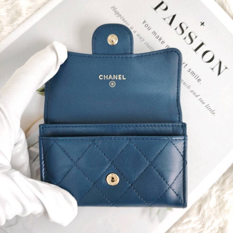 Chanel 香奈兒 藍色銀扣 小羊皮 短款卡包 銀包 24開-4