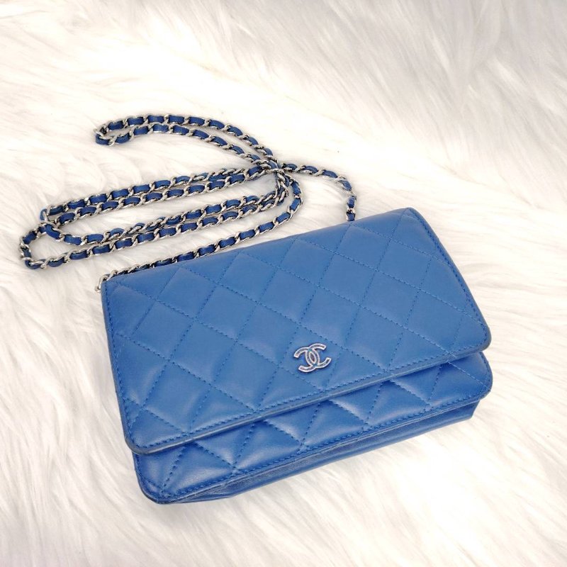 Chanel 香奈兒 woc 藍色銀扣 羊皮 27開-2