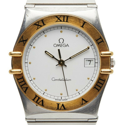 歐米茄星座系列石英腕錶，白色錶盤，不鏽鋼錶殼，黃金錶帶，男錶，OMEGA