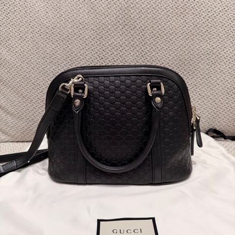 【GUCCI 古馳】 449654 經典Guccissima壓紋手提/斜背兩用貝殼包-黑色