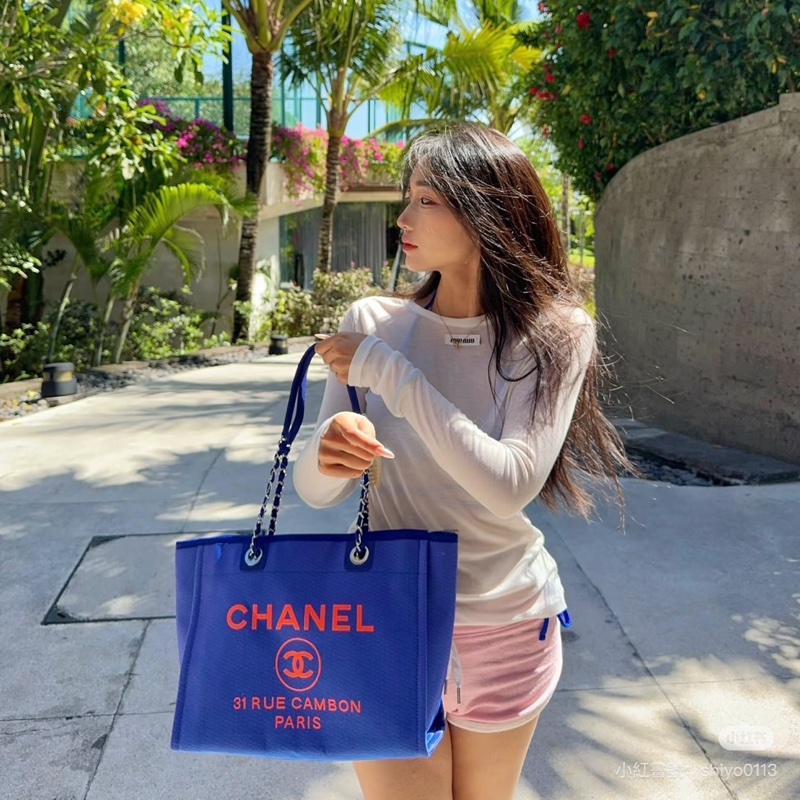 莉亞精品♡Chanel A67001 藍橘沙灘包 二手-1