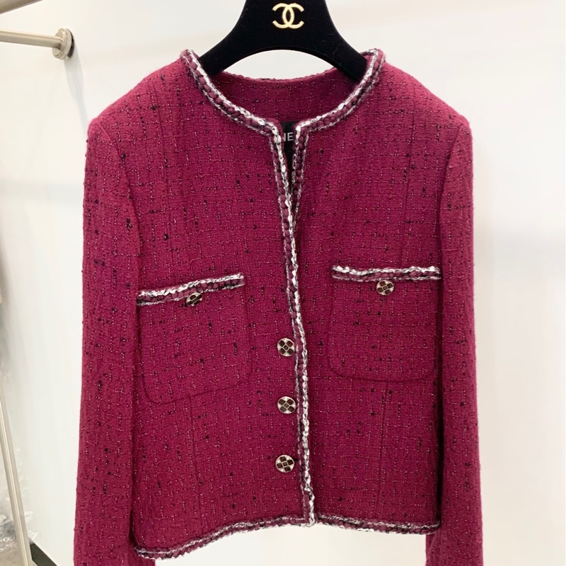 CHANEL/香奈兒 22A 早秋手工坊限定酒紅粗花呢銀色滾邊 琉璃扣 外套 成色：99新 尺寸：34-1