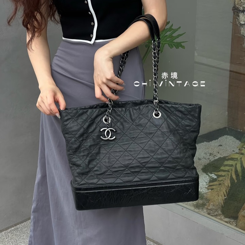 Chanel • 稀有黑銀XXL 做舊牛皮流浪托特包 有保卡、小票✔️-2