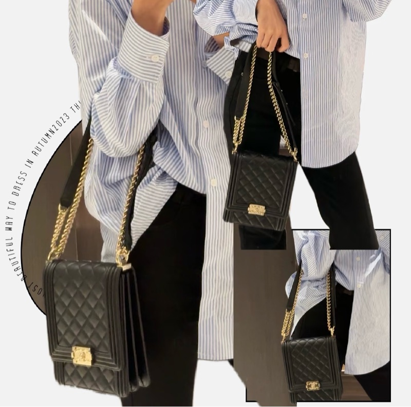 Chanel Boy 黑色荔枝皮淡金釦豎版口蓋包leboy-12