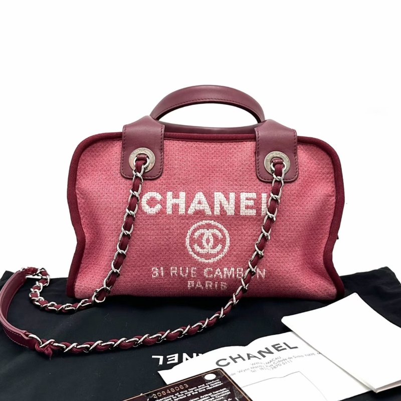 CHANEL紅色銀扣手提肩背保齡球沙灘包 26*17*11 98新配件塵袋保卡購證-0