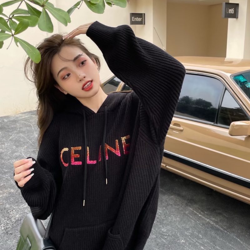 ❤️CELINE 超精致LOGO 百搭黑色時尚連帽毛衫-1
