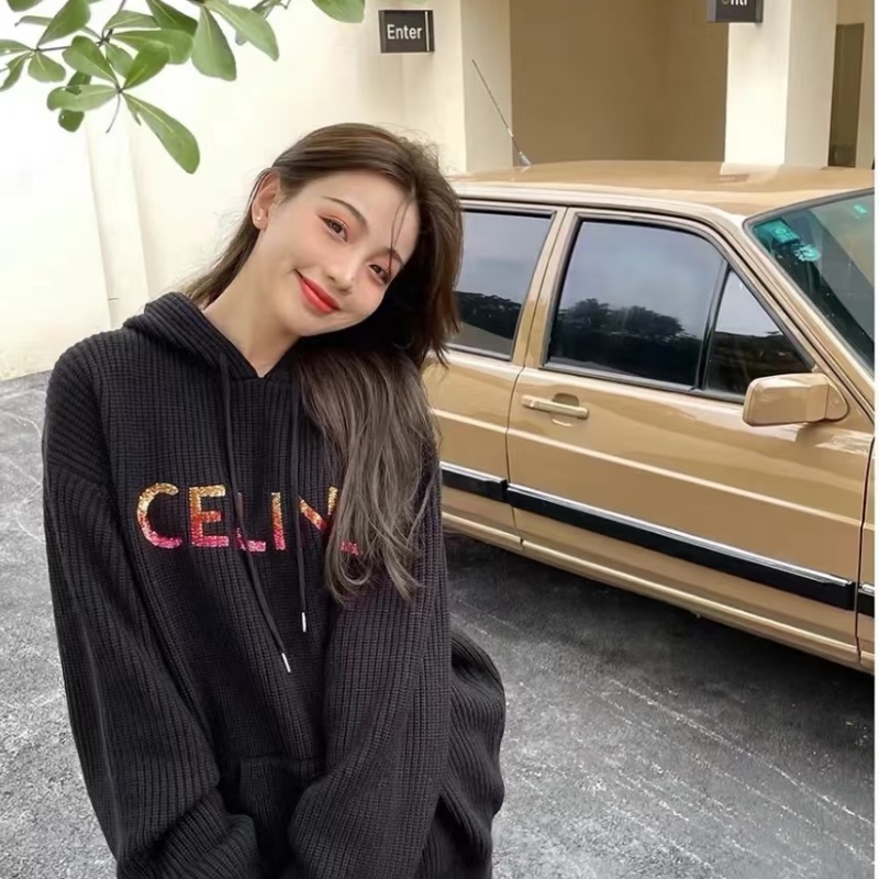 ❤️CELINE 超精致LOGO 百搭黑色時尚連帽毛衫-2