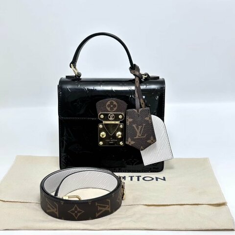 LV SpringStreet黑色漆皮手提肩背斜背盒子包芯片款19*16*9 98新配件塵袋