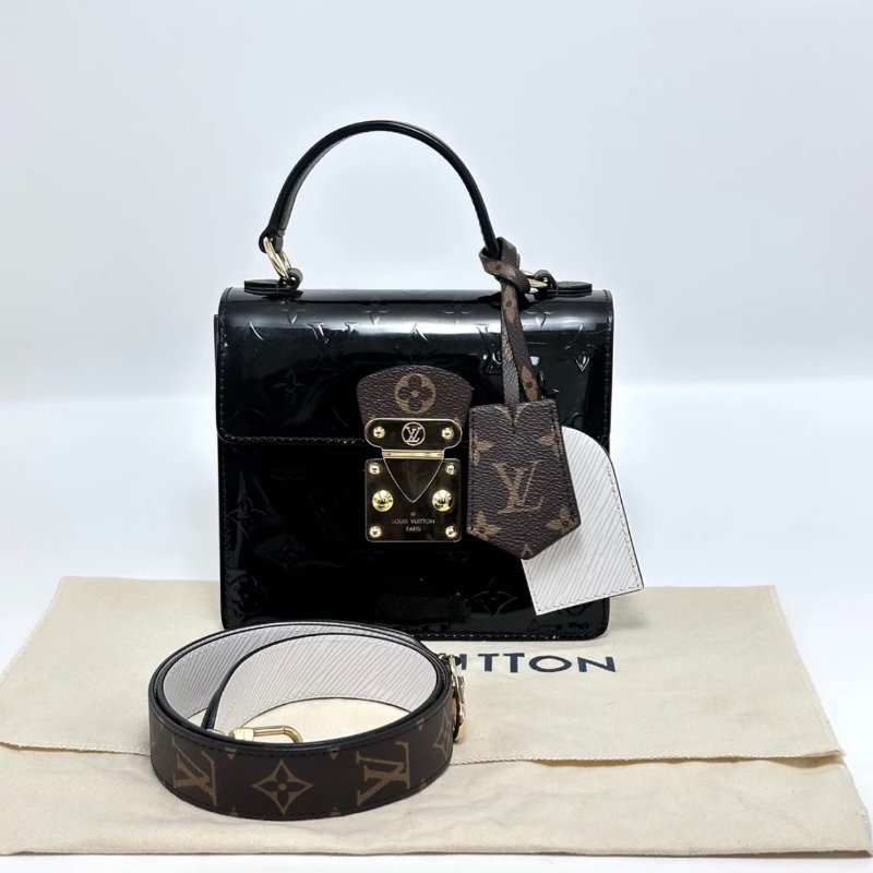 LV SpringStreet黑色漆皮手提肩背斜背盒子包芯片款19*16*9 98新配件塵袋-0