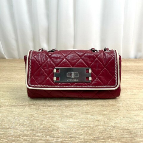 Chanel 2.55法棍鏈條包 紅色拼白菱格紋方扣 牛皮銀扣