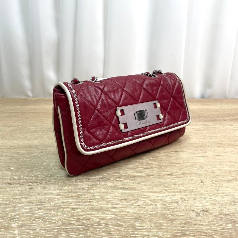 Chanel 2.55法棍鏈條包 紅色拼白菱格紋方扣 牛皮銀扣-2