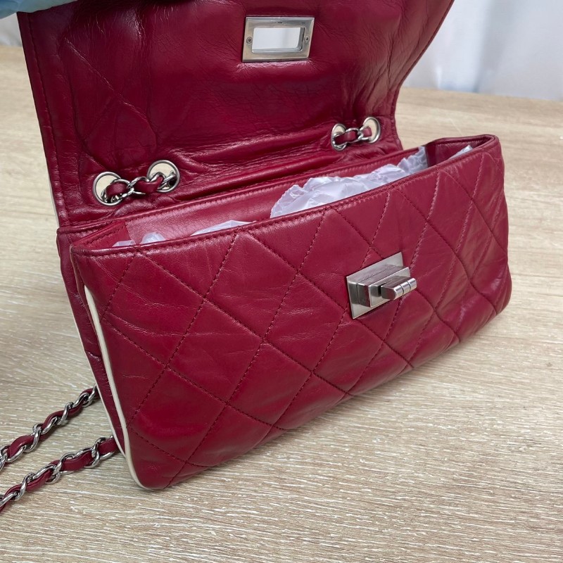 Chanel 2.55法棍鏈條包 紅色拼白菱格紋方扣 牛皮銀扣-6