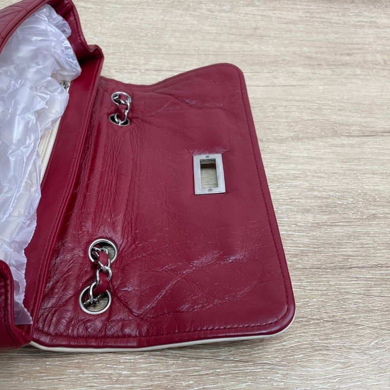 Chanel 2.55法棍鏈條包 紅色拼白菱格紋方扣 牛皮銀扣-7