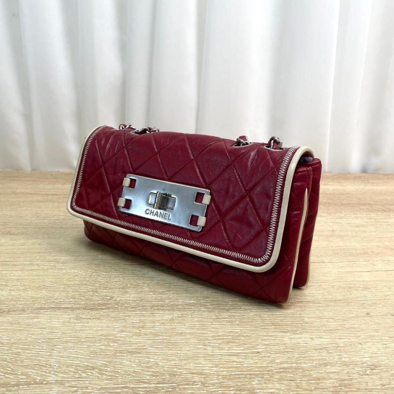 Chanel 2.55法棍鏈條包 紅色拼白菱格紋方扣 牛皮銀扣-8
