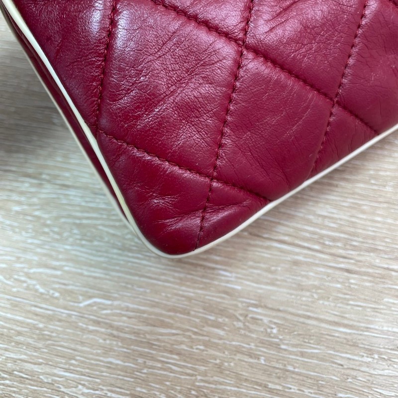 Chanel 2.55法棍鏈條包 紅色拼白菱格紋方扣 牛皮銀扣-11