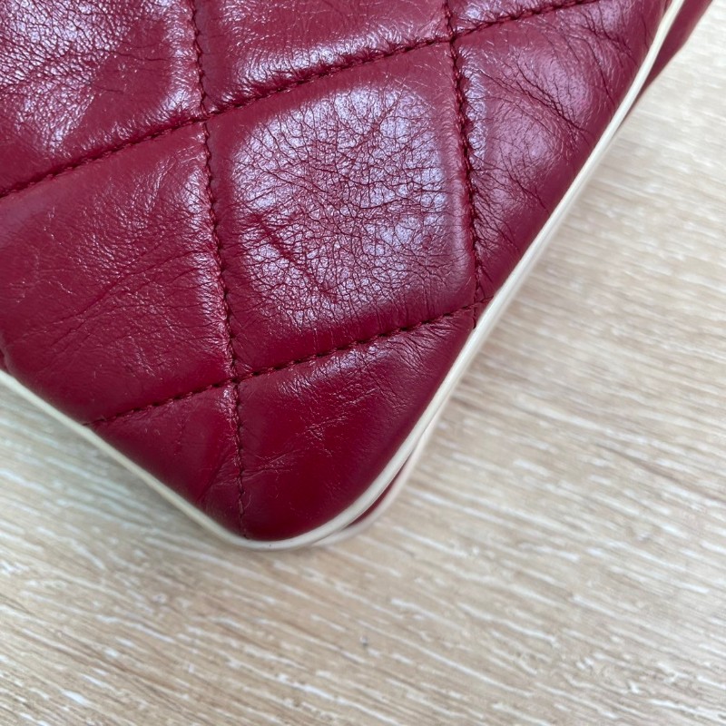Chanel 2.55法棍鏈條包 紅色拼白菱格紋方扣 牛皮銀扣-12