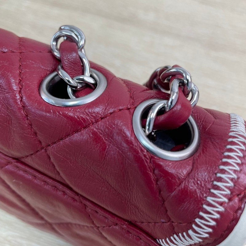 Chanel 2.55法棍鏈條包 紅色拼白菱格紋方扣 牛皮銀扣-13