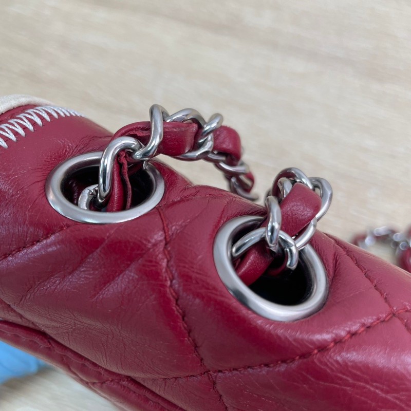 Chanel 2.55法棍鏈條包 紅色拼白菱格紋方扣 牛皮銀扣-14