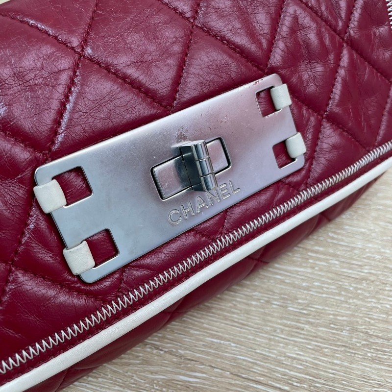 Chanel 2.55法棍鏈條包 紅色拼白菱格紋方扣 牛皮銀扣-15