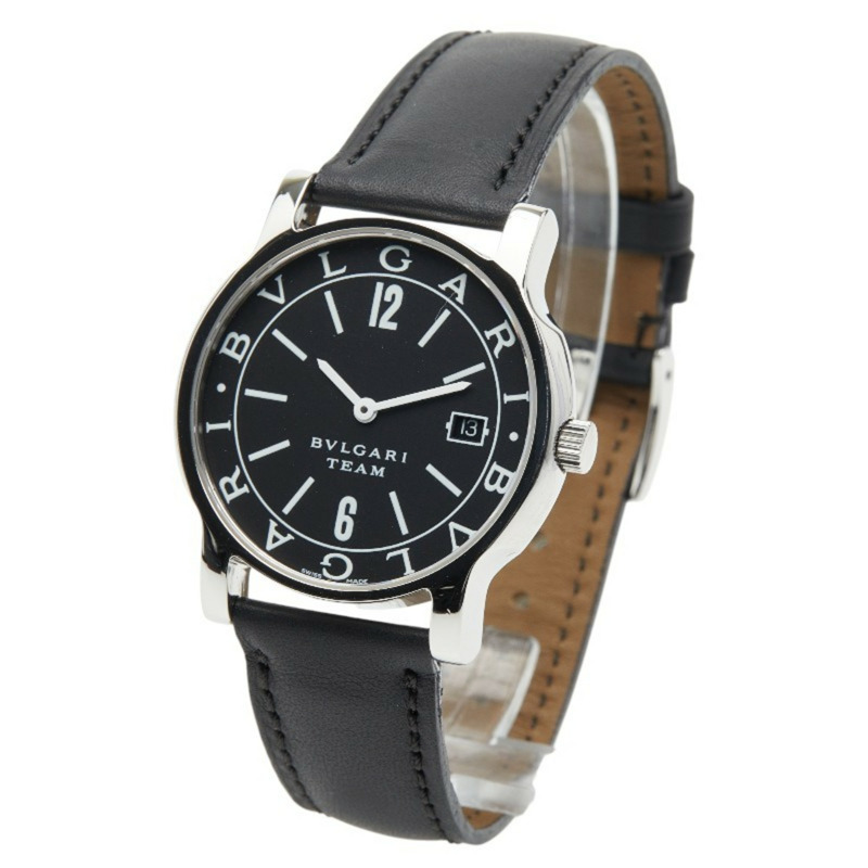 寶格麗 Solotempo Team 腕錶 ST35S 石英黑色錶盤不鏽鋼皮革男錶-1