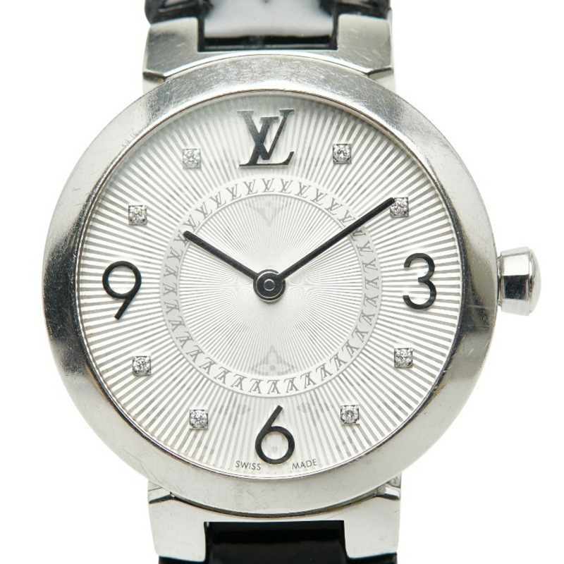 路易威登 Tambour Slim 8 鑽腕錶 Q12MG 石英機芯 銀色錶盤 不鏽鋼錶帶 皮革錶帶 女士 LOUIS VUITTON-0