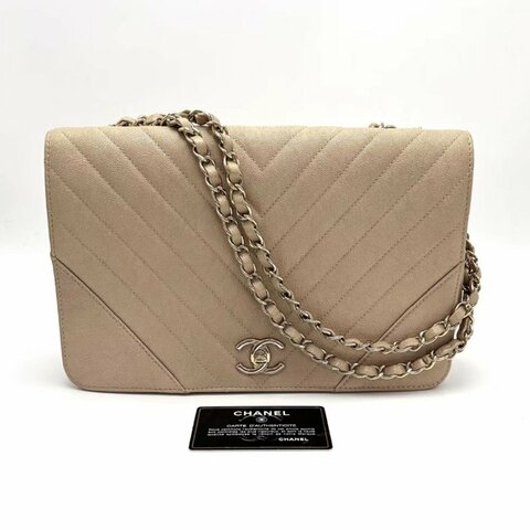 Chanel奶茶珠光V紋金扣肩背斜背包 28*18*6 98新配件保卡塵袋