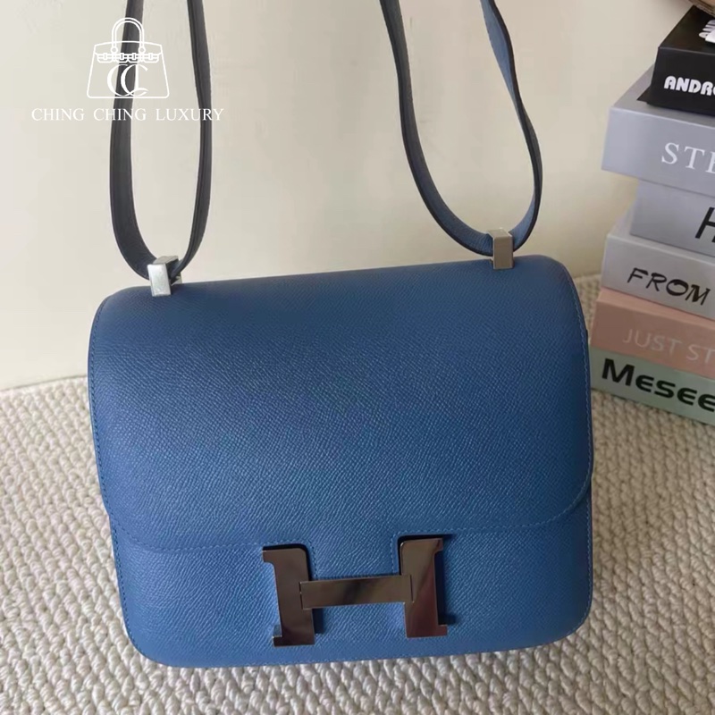 🌈Hermes💙Constance 24💙伊茲密爾藍銀扣🌟99新🌟Epsom皮🌟-0