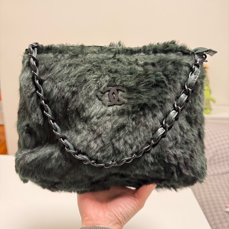 （日本中古）Chanel香奈兒 墨綠色毛毛 手提包-1